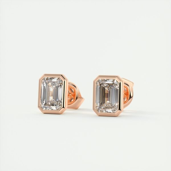 Emerald Cut Diamond Bezel Stud Earrings - Image 2