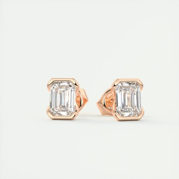 Emerald Cut Diamond Half-Bezel Stud Earrings - Image 2