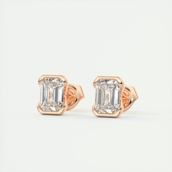Emerald Cut Diamond Half-Bezel Stud Earrings - Image 3
